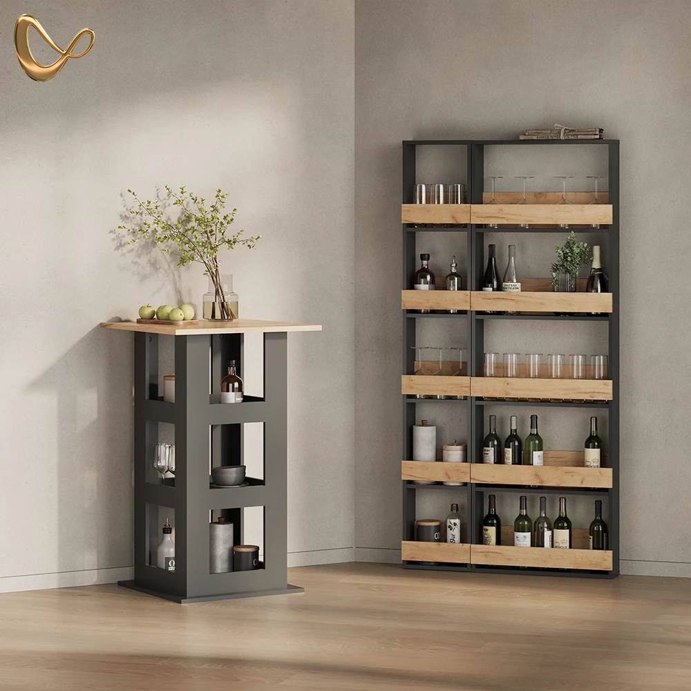 Bartisch in Goldkraft Eiche/Anthrazit, dargestellt im Ambiente und auf weißem Hintergrund