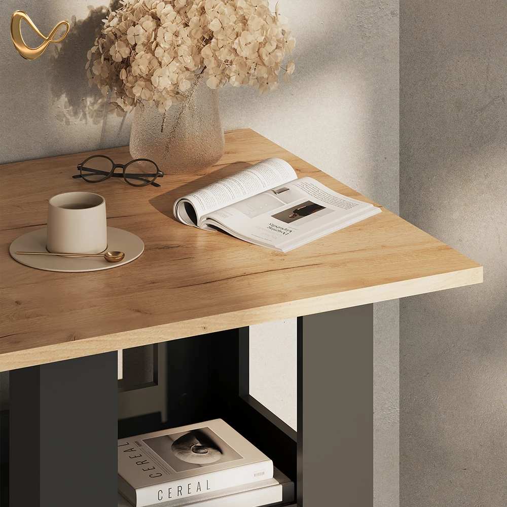 Nahaufnahme von Bartisch in Goldkraft Eiche/Anthrazit, zeigt Design- und Oberflächendetails