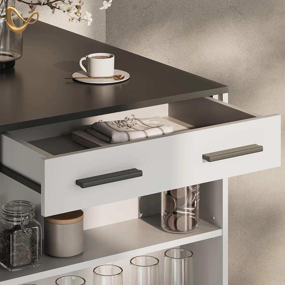 Nahaufnahme von Bartisch in Weiß/Anthrazit, zeigt Design- und Oberflächendetails