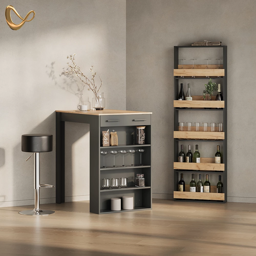 Bartisch in Anthrazit/Goldkraft Eiche, dargestellt im Ambiente und auf weißem Hintergrund