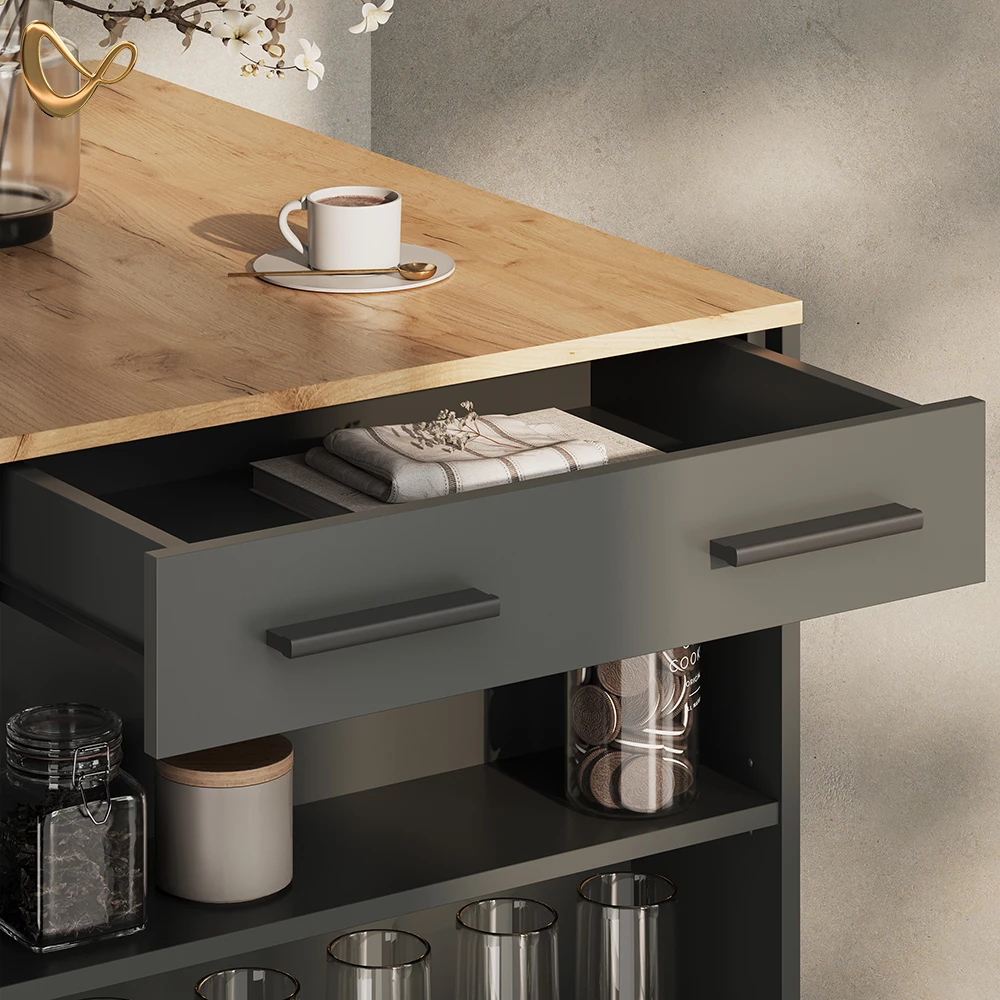 Nahaufnahme von Bartisch in Anthrazit/Goldkraft Eiche, zeigt Design- und Oberflächendetails