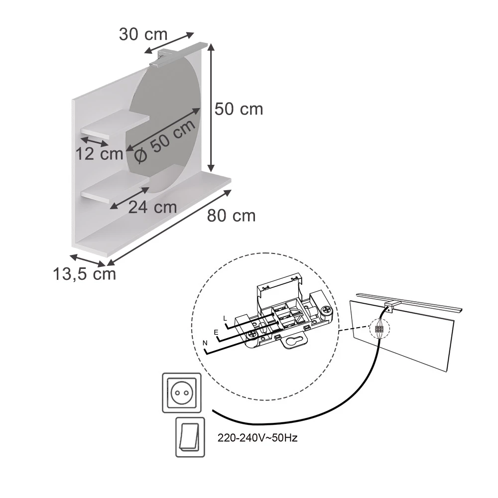 Badspiegelschrank in Weiß auf weißem Hintergrund mit sichtbaren Maßen