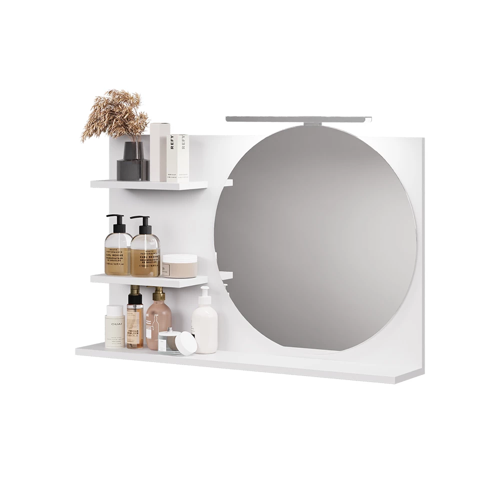 Badspiegelschrank in Weiß auf weißem Hintergrund mit dekorativen Elementen