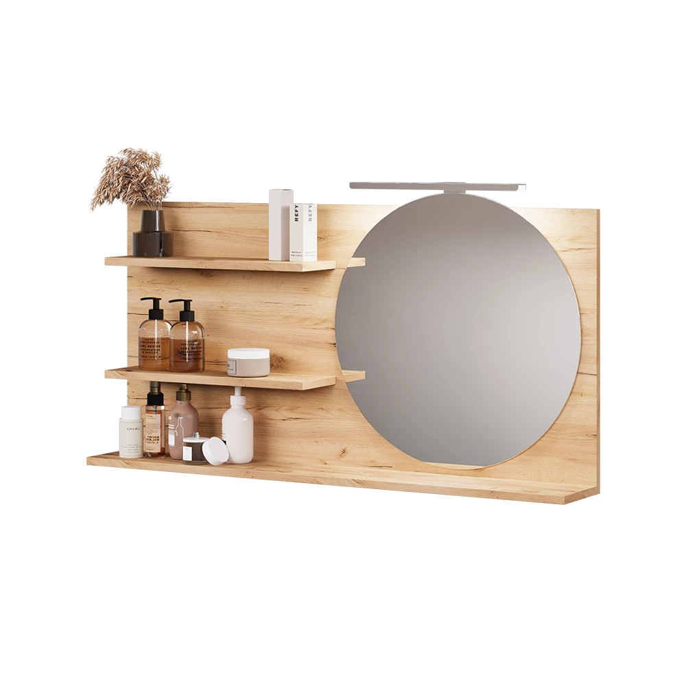 Badkamerspiegelkast in Eiken on white background with decorative elements
