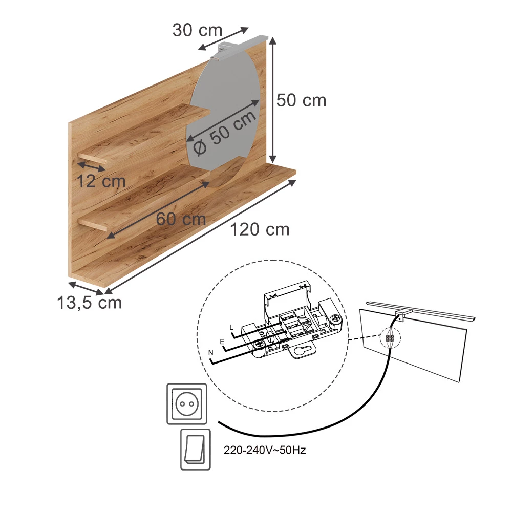 Badspiegelschrank in Eiche auf weißem Hintergrund mit sichtbaren Maßen