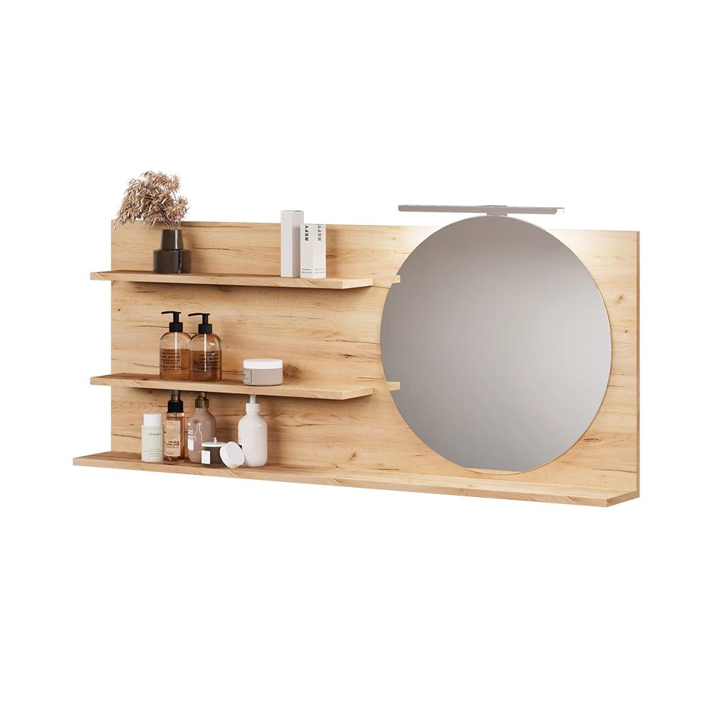 Badspiegelschrank in Eiche auf weißem Hintergrund mit dekorativen Elementen