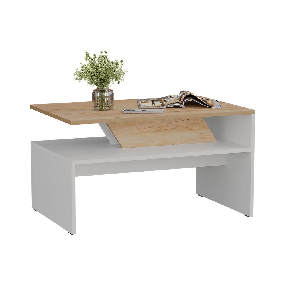 Couchtisch in Weiß/Artisan auf weißem Hintergrund mit dekorativen Elementen