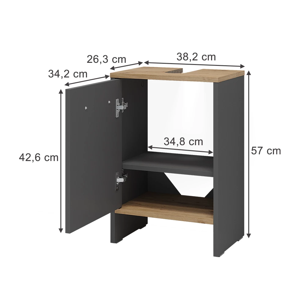 Waschbeckenunterschrank in Anthrazit/Goldkraft Eiche auf weißem Hintergrund mit sichtbaren Maßen