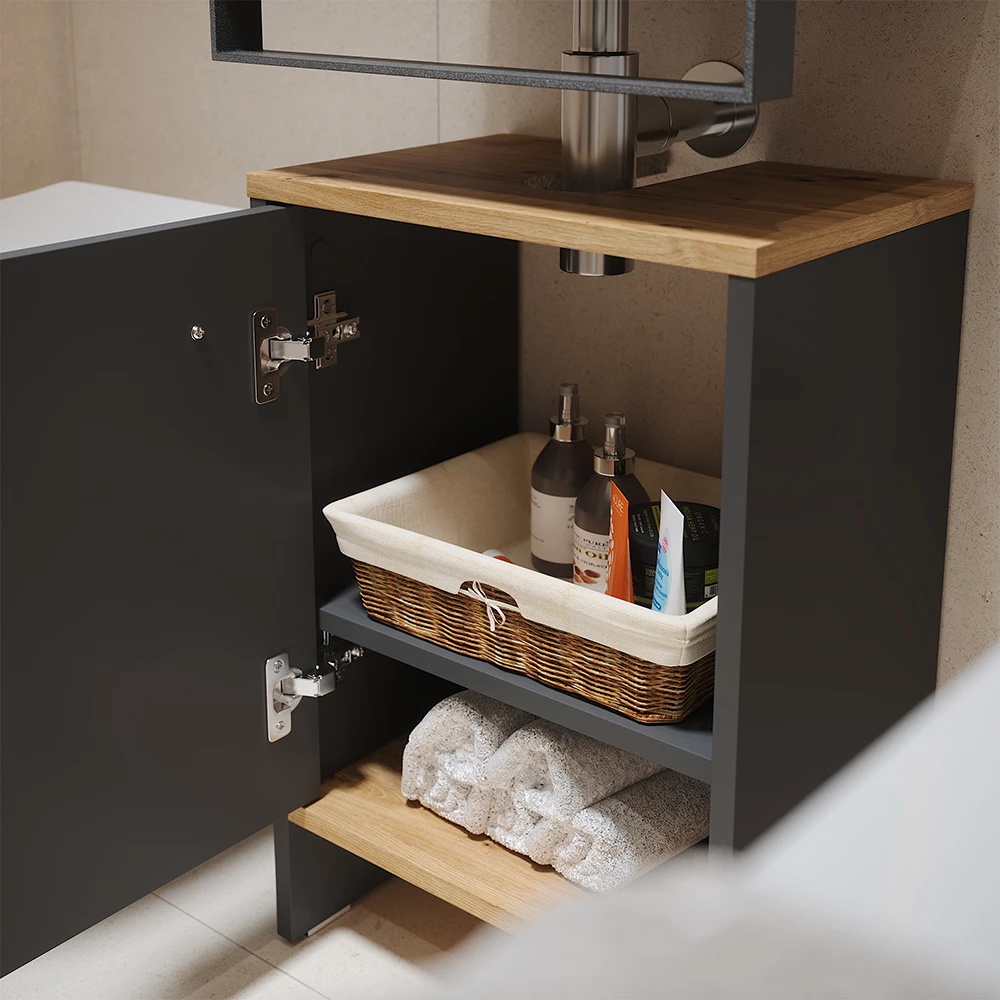 Nahaufnahme von Waschbeckenunterschrank in Anthrazit/Goldkraft Eiche, zeigt Textur/Details