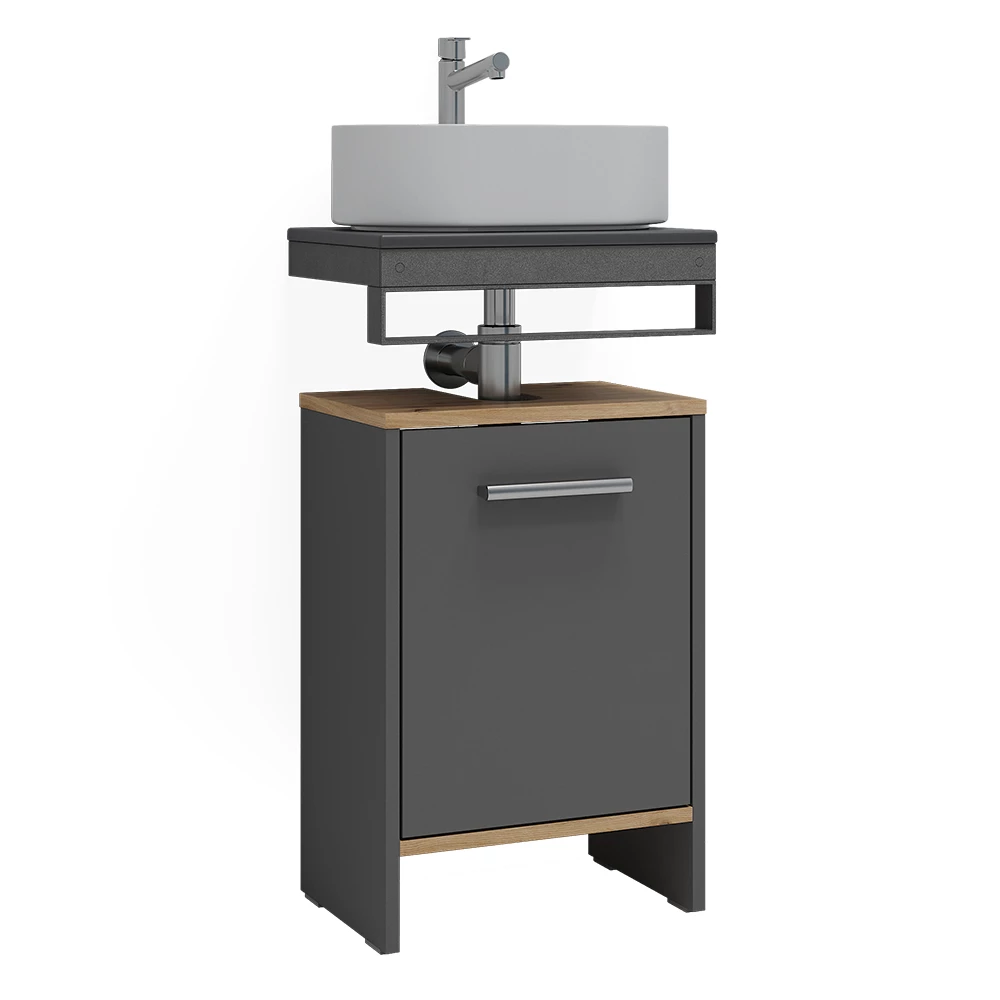 Waschbeckenunterschrank in Anthrazit/Goldkraft Eiche auf weißem Hintergrund mit dekorativen Elementen