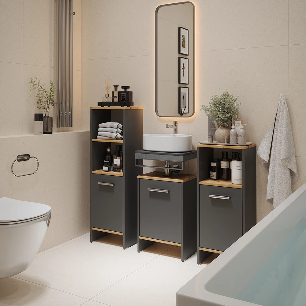 Waschbeckenunterschrank Karli Anthrazit/Goldkraft Eiche 38.2 x 57 cm mit der Tür Vicco