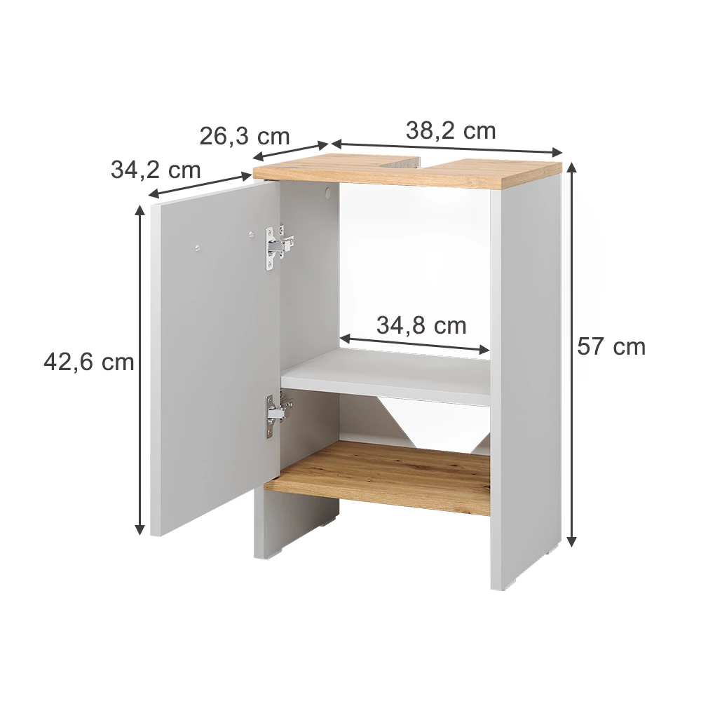 Waschbeckenunterschrank in Weiß/Goldkraft Eiche auf weißem Hintergrund mit sichtbaren Maßen