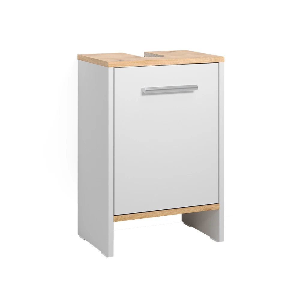 Waschbeckenunterschrank in Weiß/Goldkraft Eiche auf weißem Hintergrund