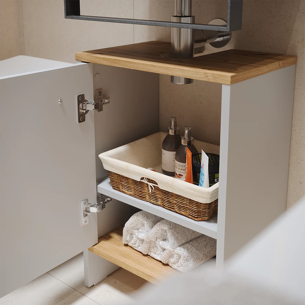 Nahaufnahme von Waschbeckenunterschrank in Weiß/Goldkraft Eiche, zeigt Textur/Details