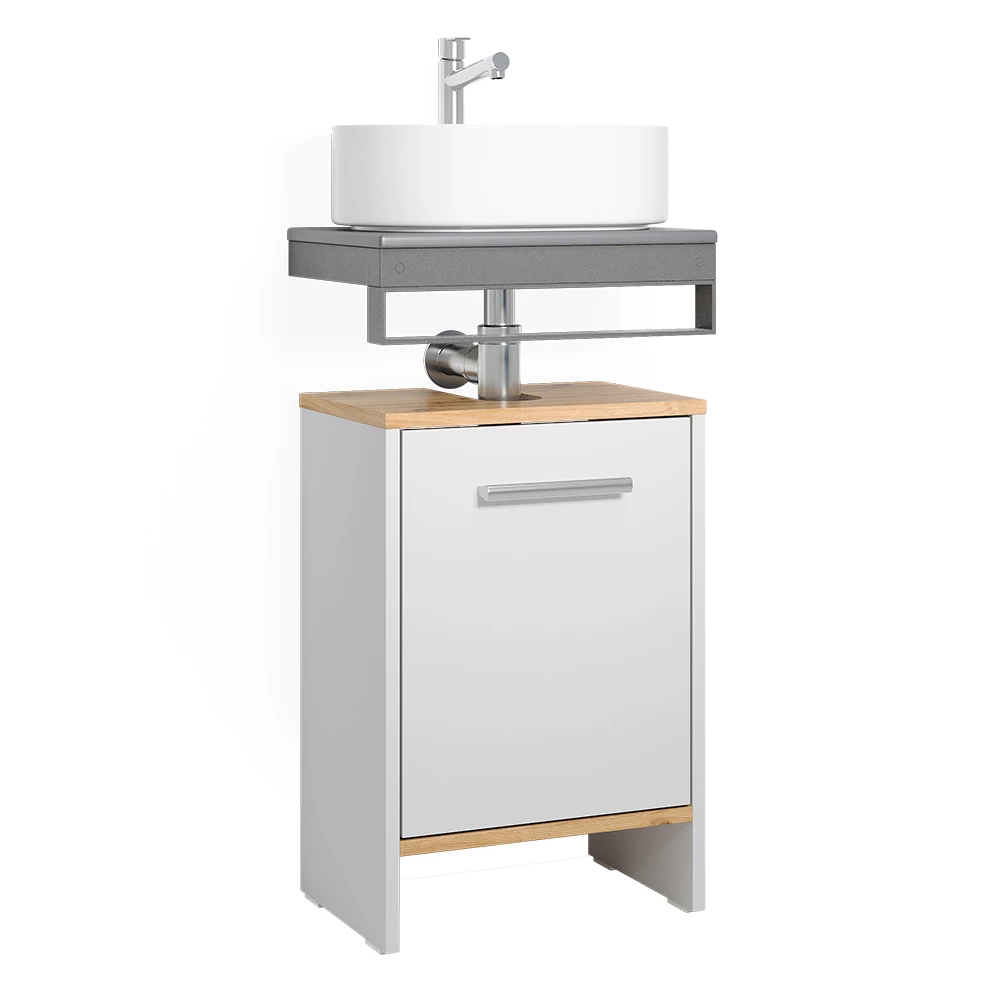 Waschbeckenunterschrank in Weiß/Goldkraft Eiche auf weißem Hintergrund mit dekorativen Elementen