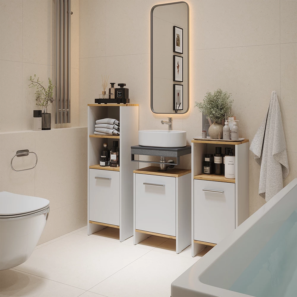 Waschbeckenunterschrank Karli Weiß/Goldkraft Eiche 38.2 x 57 cm mit der Tür Vicco