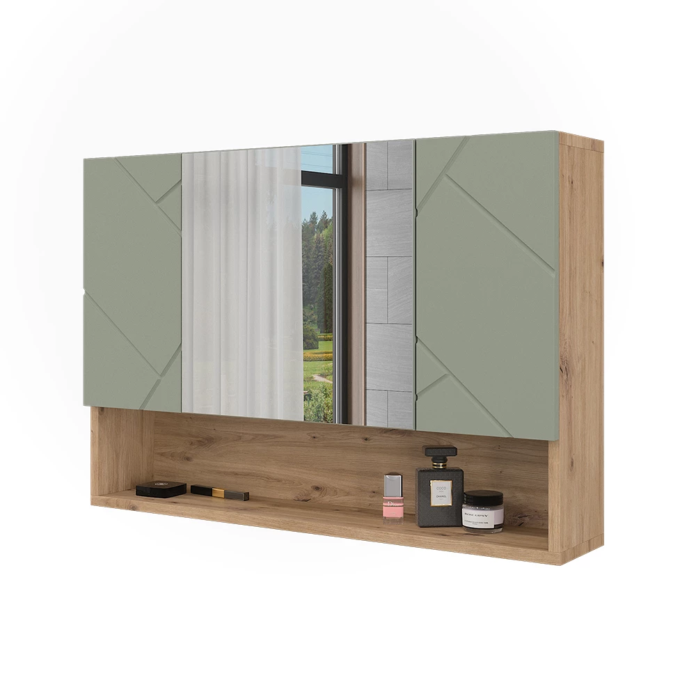 Badkamerspiegelkast in Saliegroen on white background with decorative elements