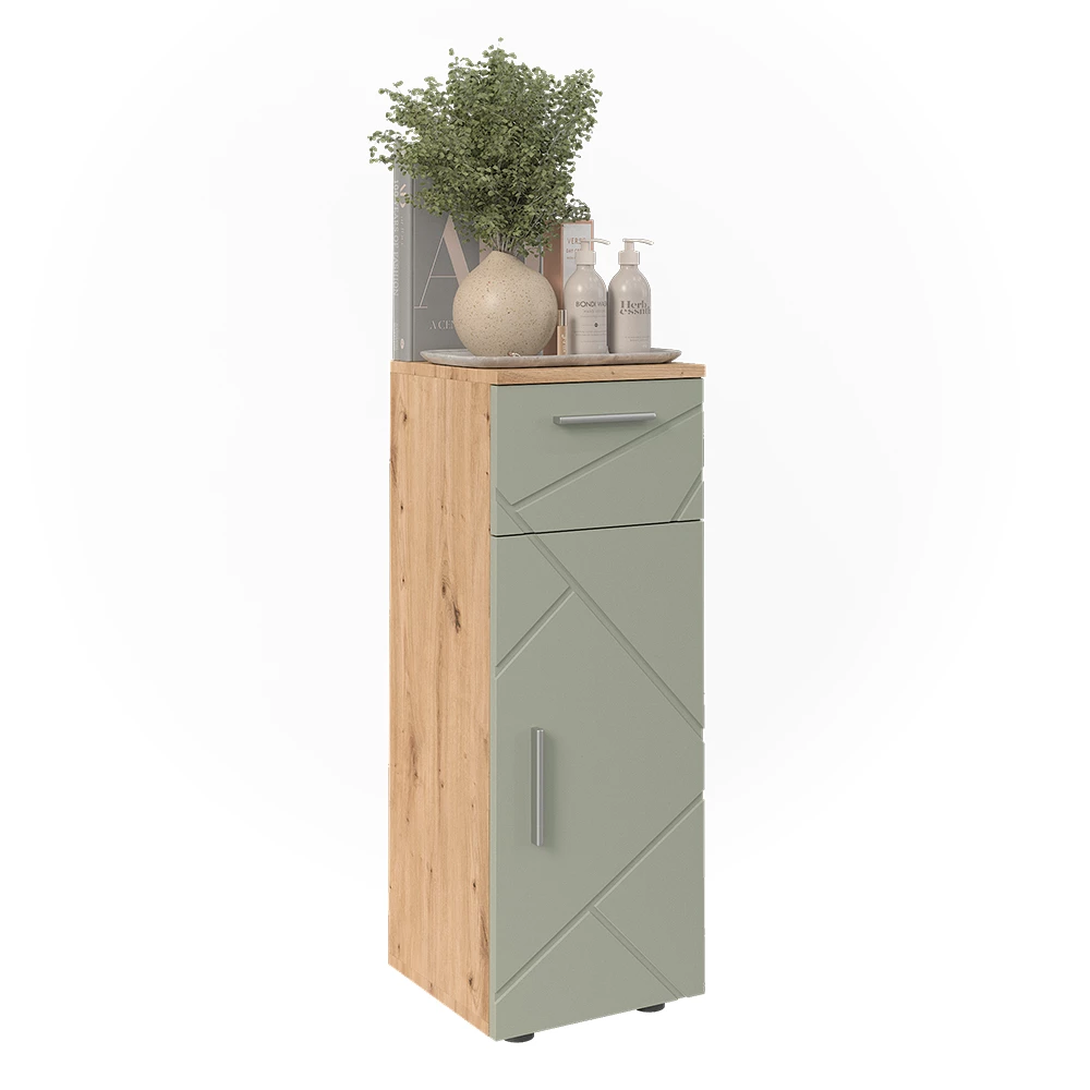 Halfhoge kast in Saliegroen on white background with decorative elements