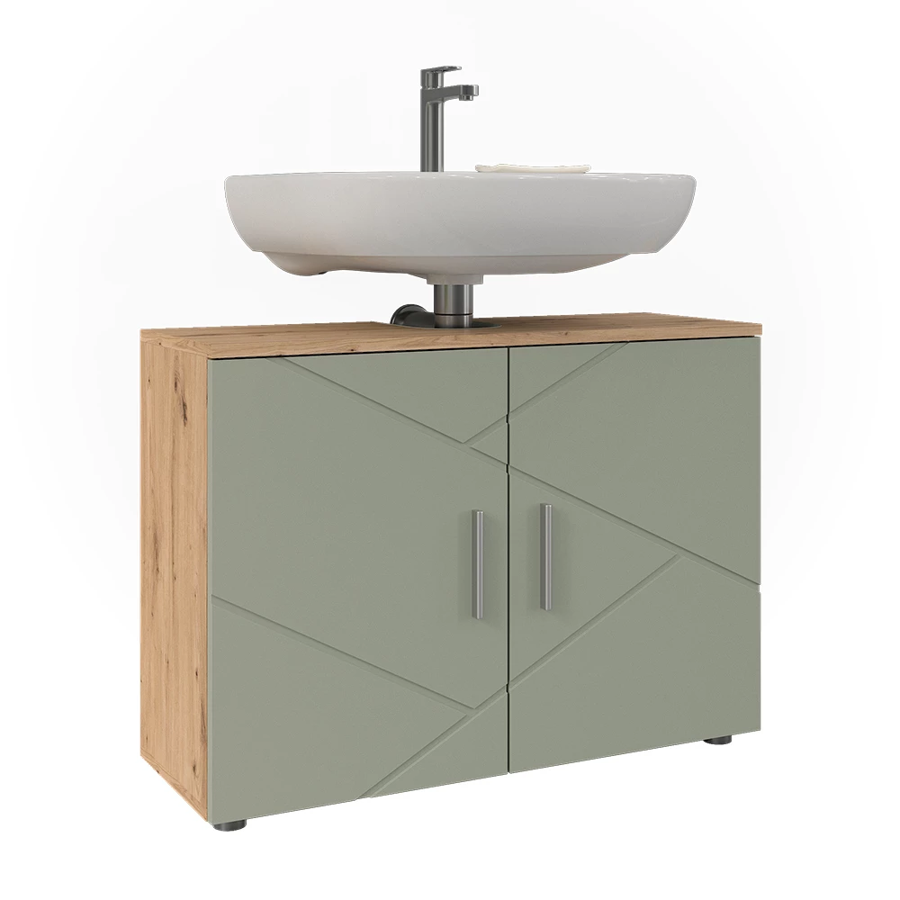 Wastafelonderkast in Saliegroen on white background with decorative elements