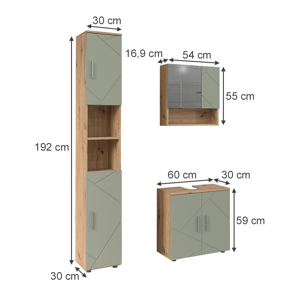 Kylpyhuonekalustesarja in Salvia vihreä on white background