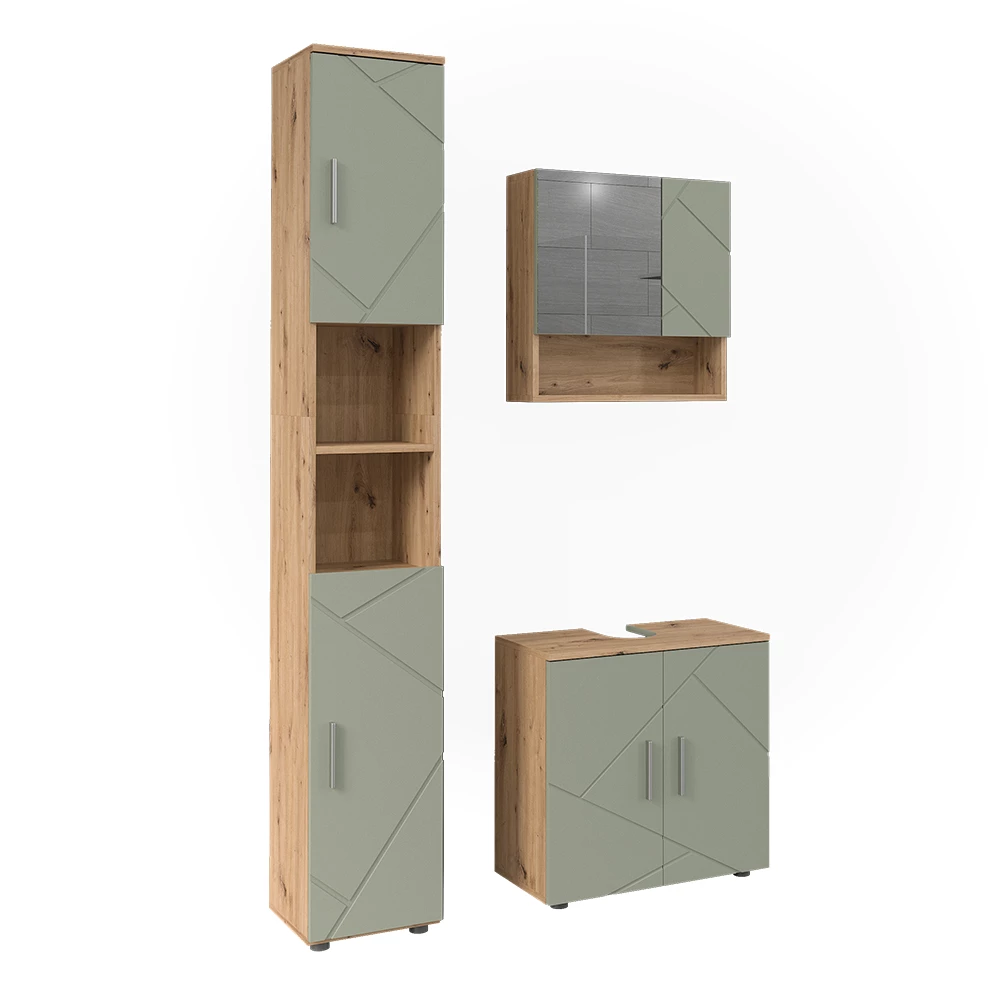 Kylpyhuonekalustesarja in Salvia vihreä on white background