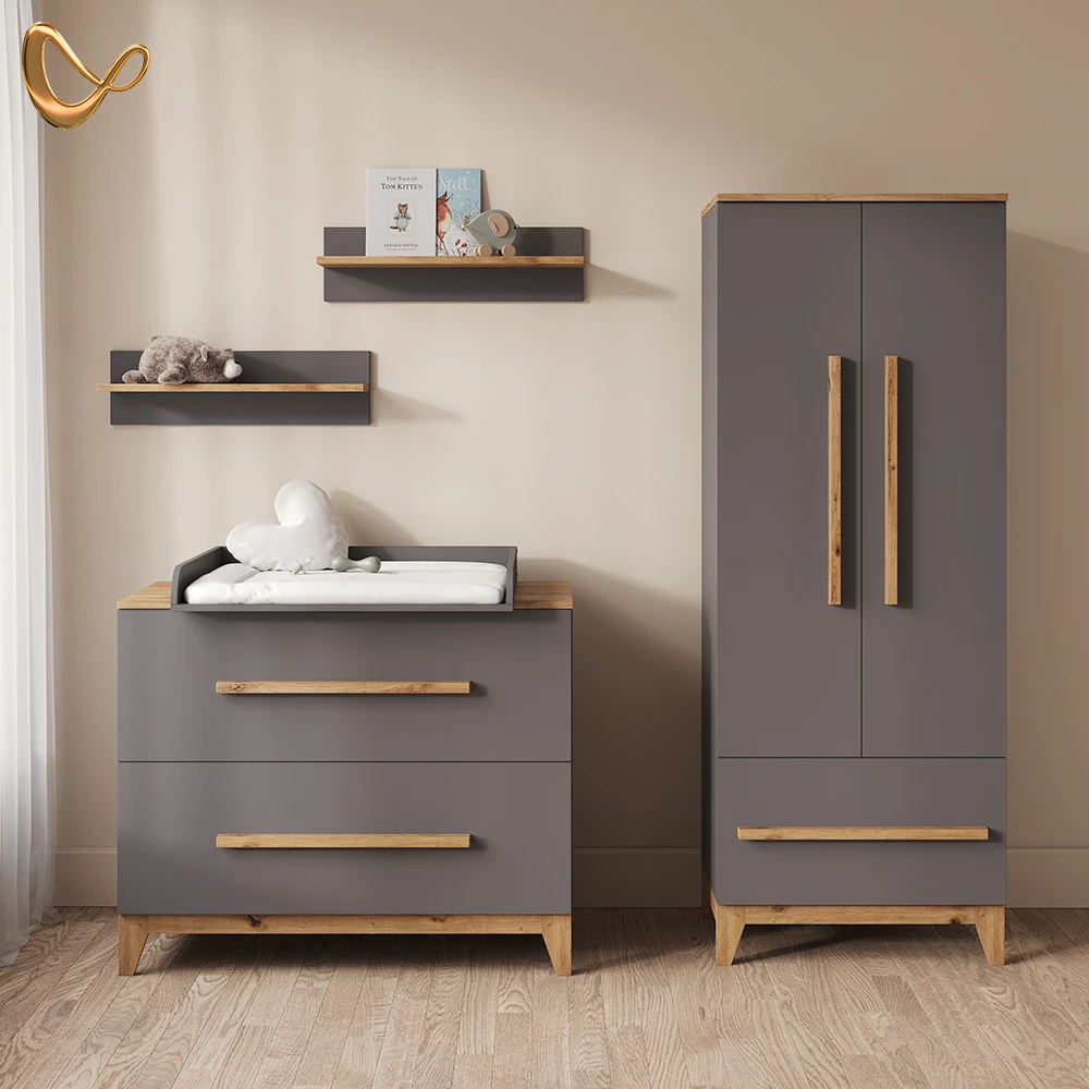 Kinderkleiderschrank in Grau/Artisan, dargestellt im Ambiente und auf weißem Hintergrund
