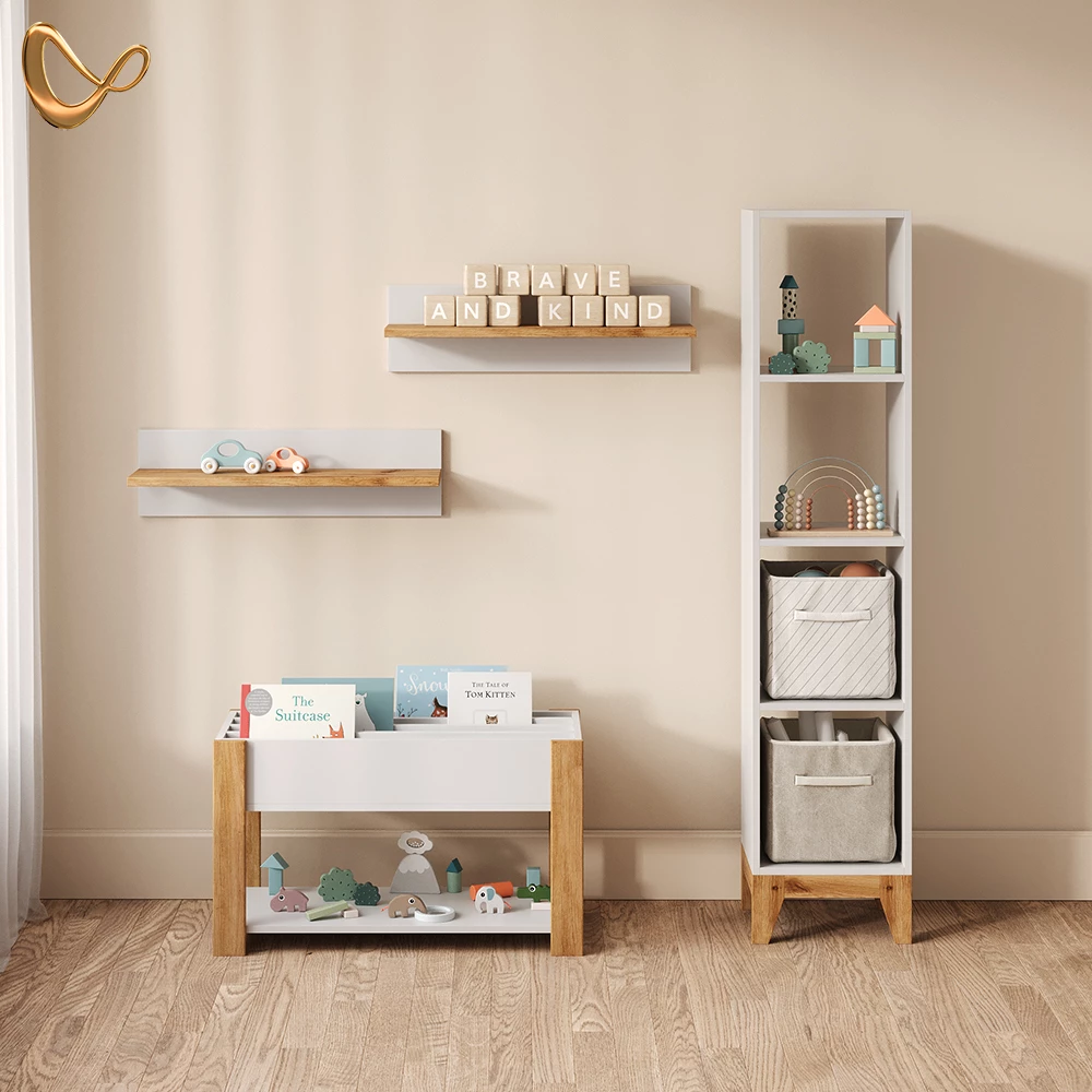 Kinderregal in Weiß/Artisan, dargestellt im Ambiente und auf weißem Hintergrund