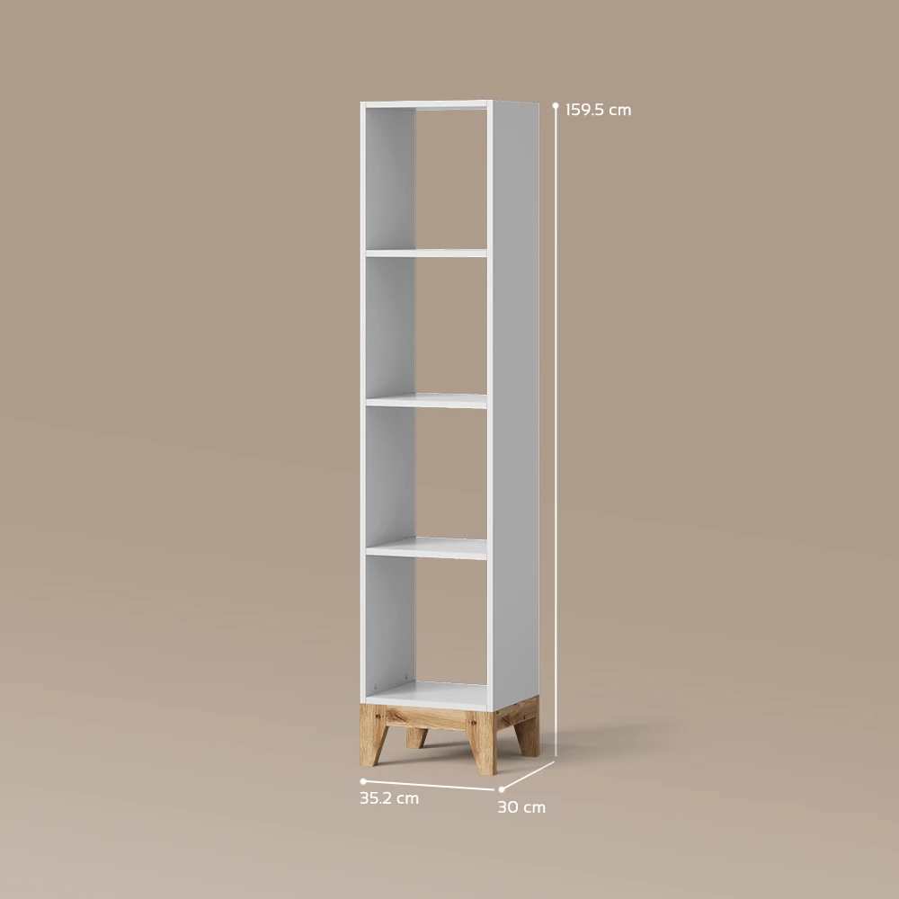 Kinderregal in Weiß/Artisan auf weißem Hintergrund mit sichtbaren Maßen
