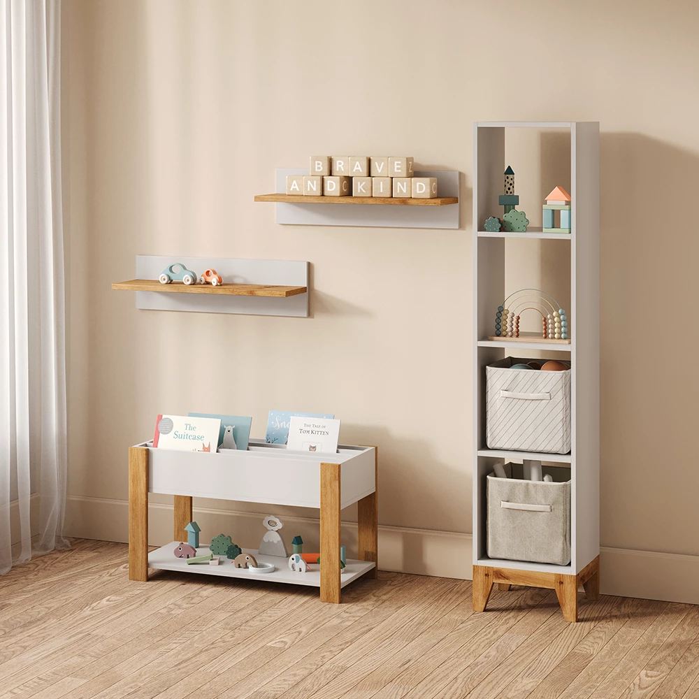 Nahaufnahme von Kinderregal in Weiß/Artisan, zeigt Textur/Details