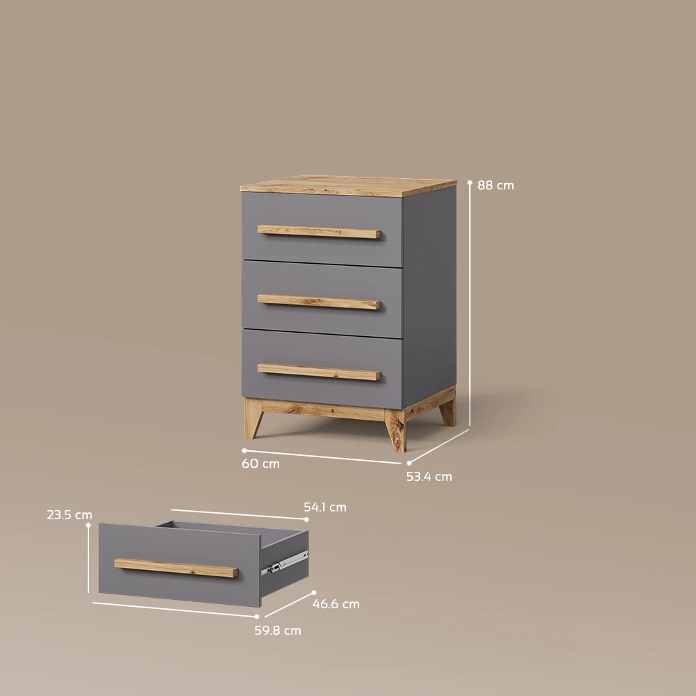 Kommode in Grau/Artisan auf weißem Hintergrund mit sichtbaren Maßen