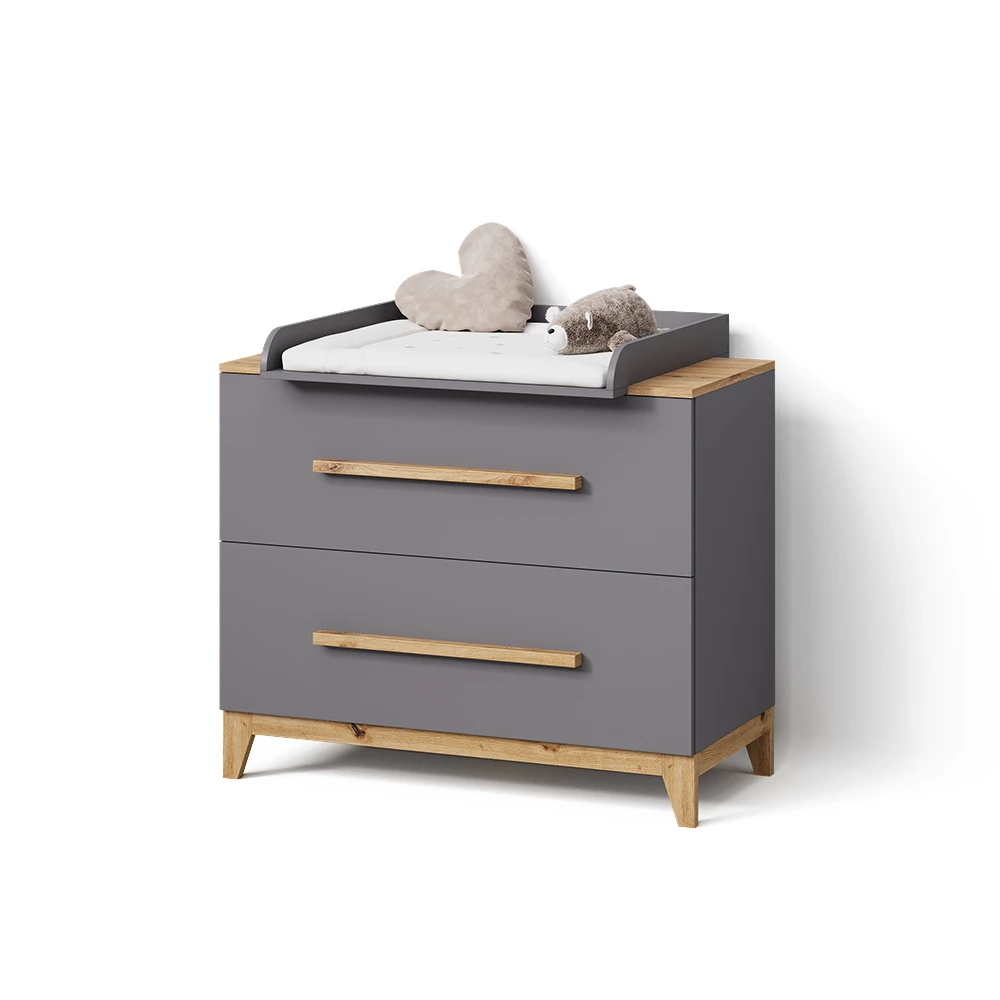 Wickelkommode in Grau/Artisan auf weißem Hintergrund