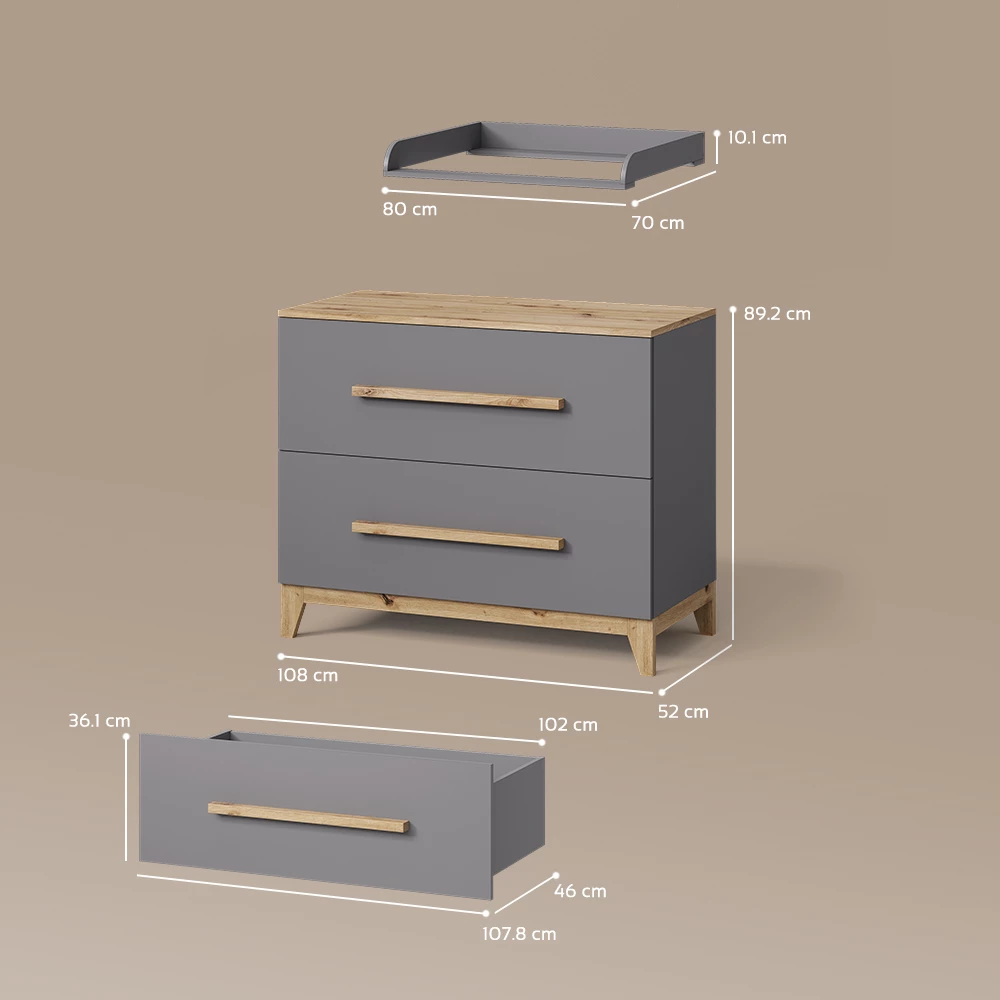 Wickelkommode in Grau/Artisan auf weißem Hintergrund mit sichtbaren Maßen