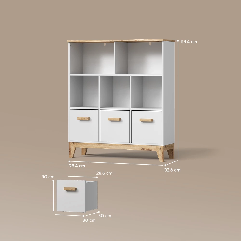 Kinderregal Mailo Weiß/Artisan 98.4 x 113.4 cm XL mit 3 Schubladen livinity®