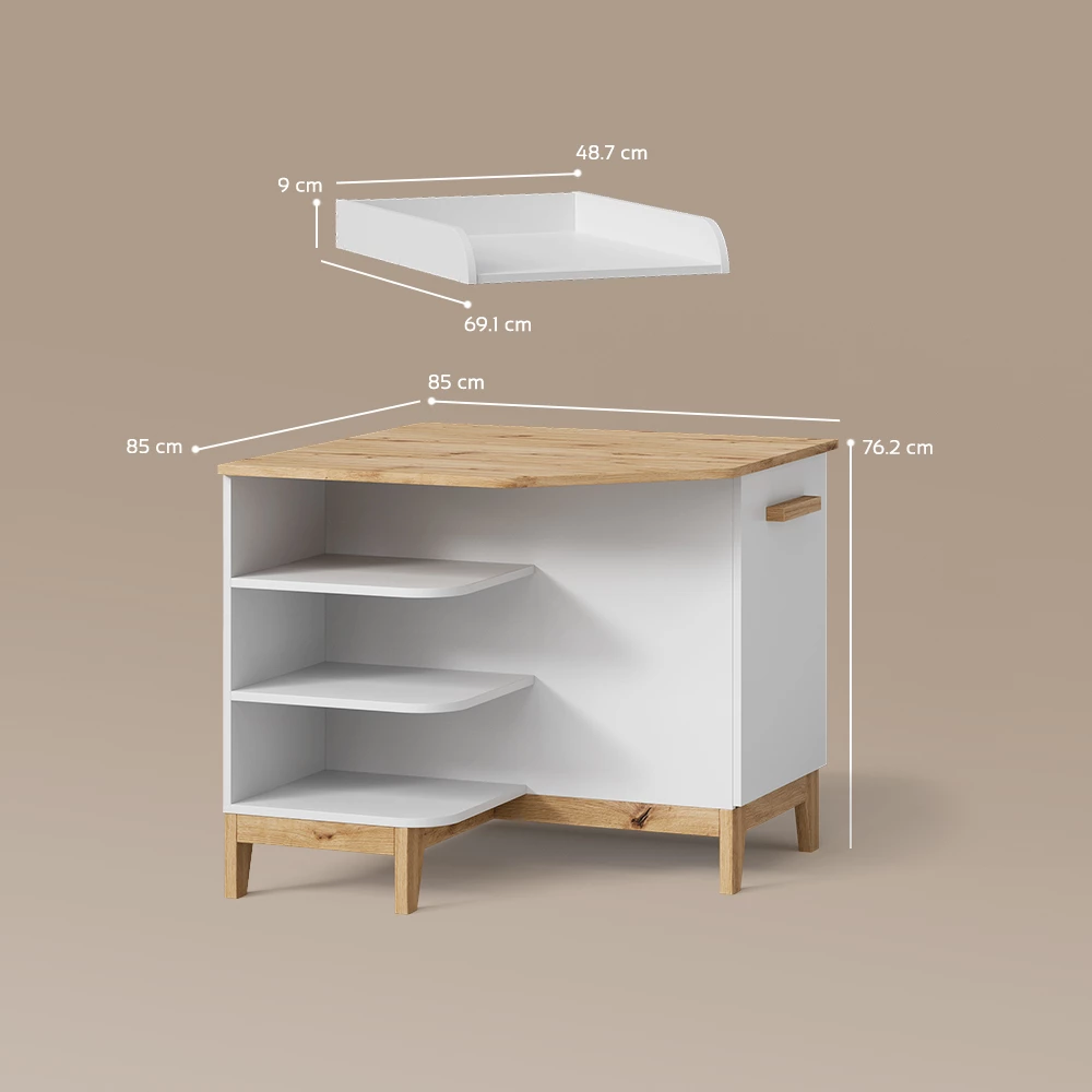 Wickelkommode in Weiß/Artisan auf weißem Hintergrund mit sichtbaren Maßen
