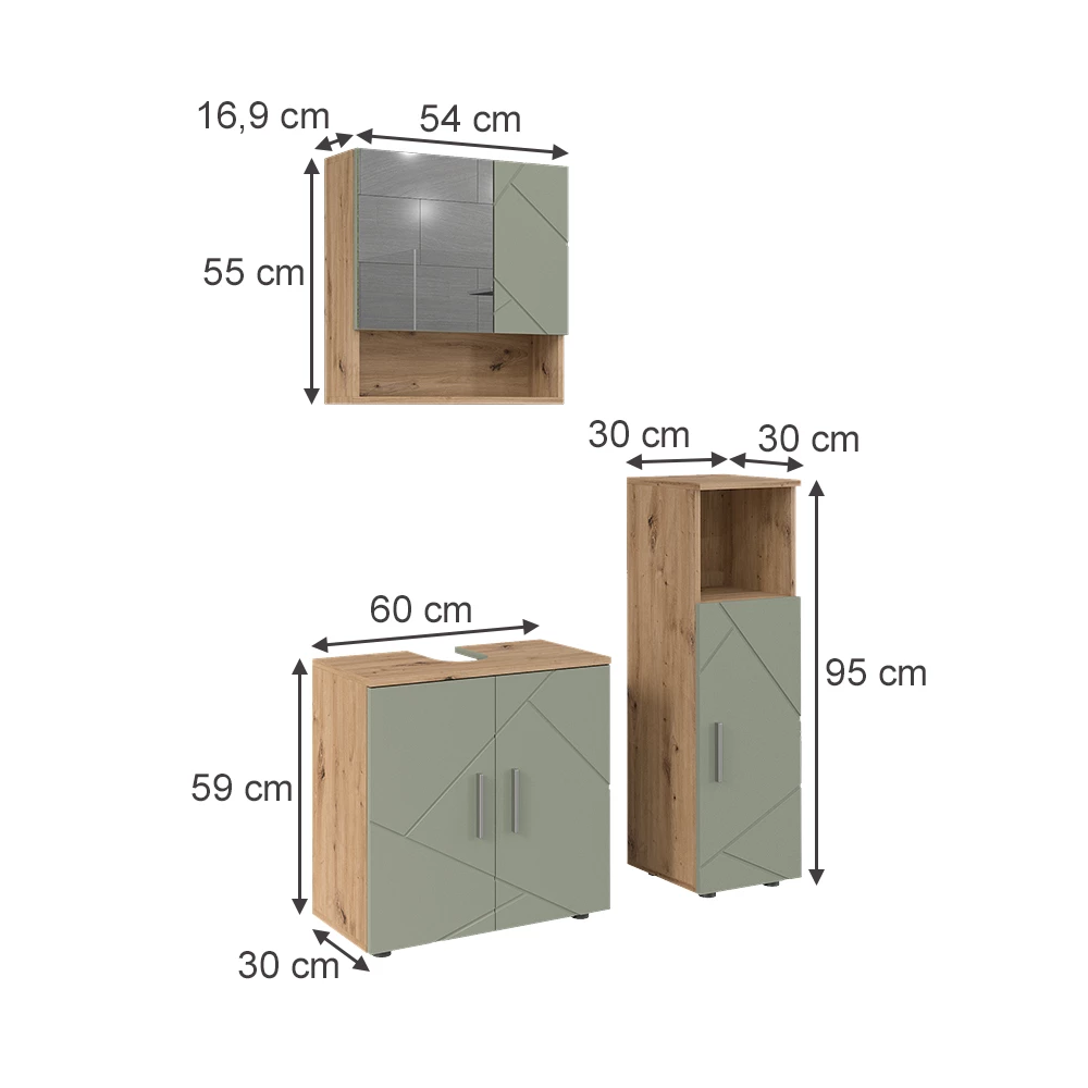 Kylpyhuonekalustesarja in Salvia vihreä on white background