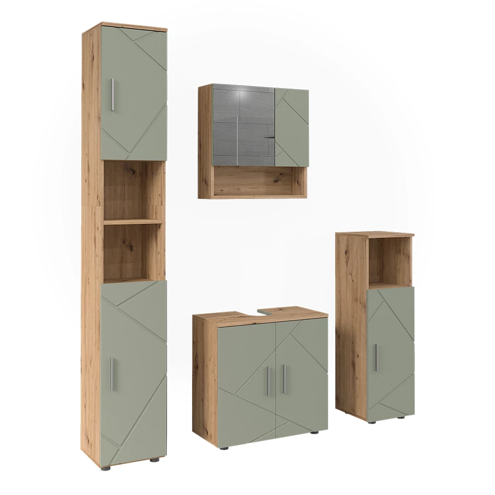 Kylpyhuonekalustesarja in Salvia vihreä on white background