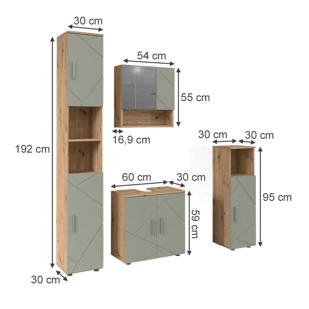 Kylpyhuonekalustesarja in Salvia vihreä on white background