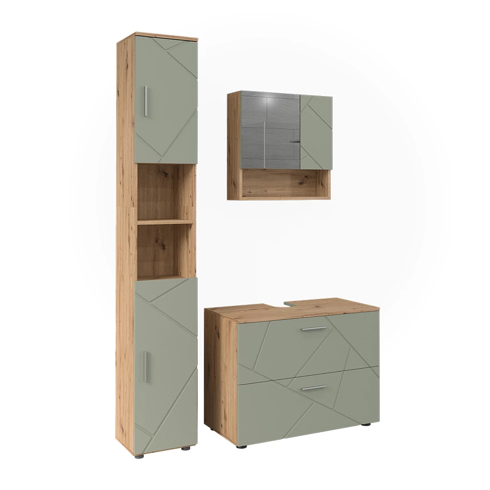 Kylpyhuonekalustesarja in Salvia vihreä on white background