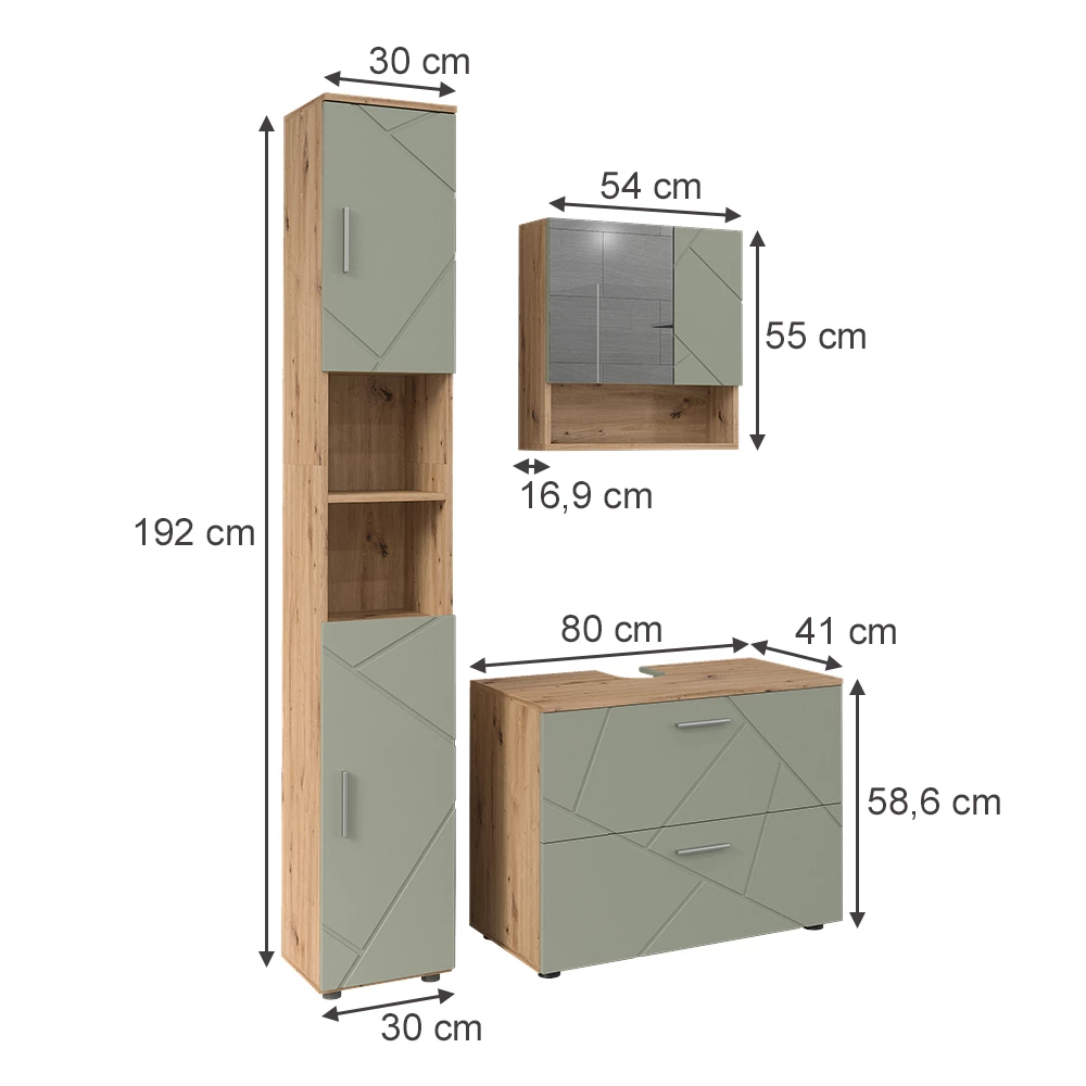 Kylpyhuonekalustesarja in Salvia vihreä on white background