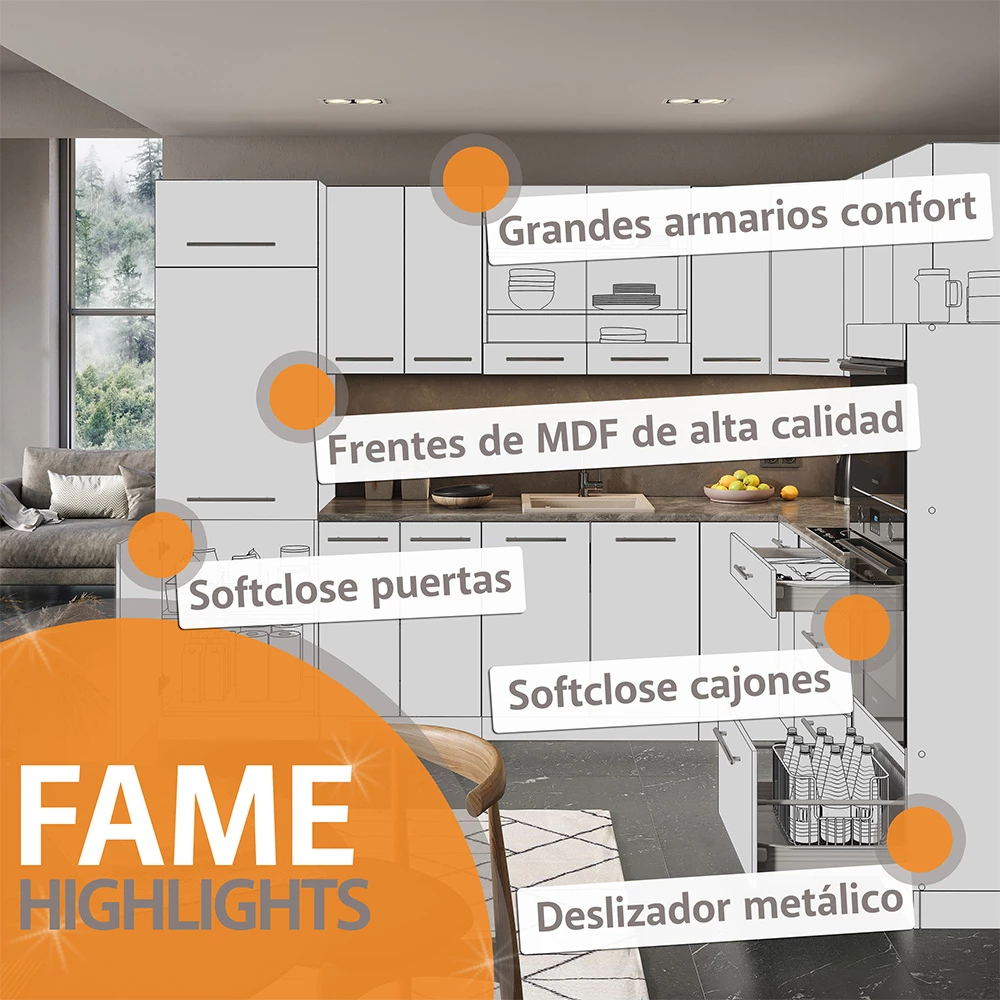 Mueble de cocina Fame-Line Antracita casa de campo/blanco 300 cm sin encimera Vicco