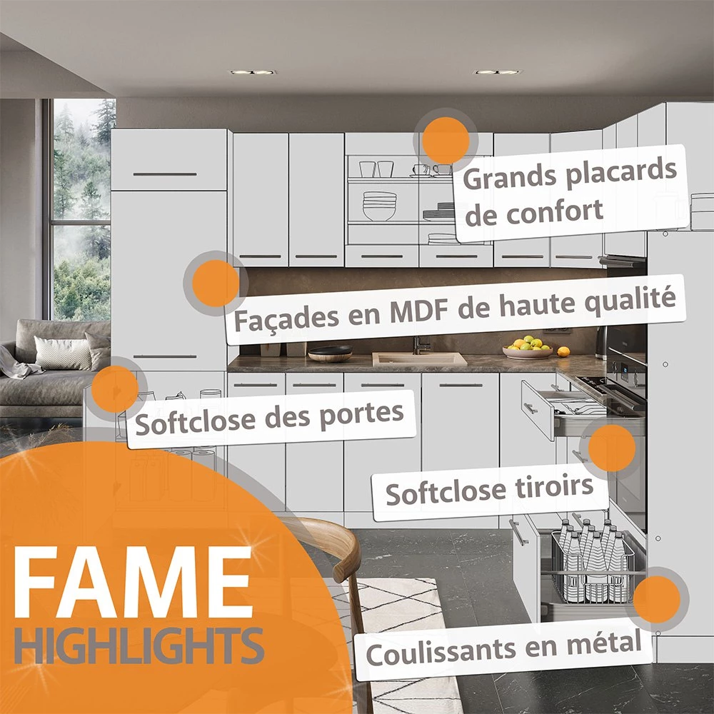 Cuisine en angle Fame-Line Blanc cottage/anthracite 287x46cm sans PT Vicco