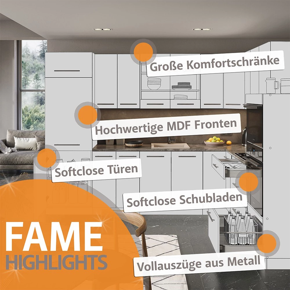 Eckküche Fame-Line Weiß Landhaus/Weiß 190 x 60 cm , AP Marmor livinity®
