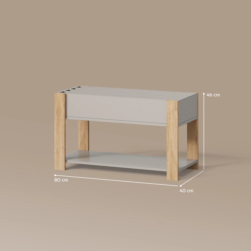 Kinderregal in Cashmere/Artisan auf weißem Hintergrund mit sichtbaren Maßen