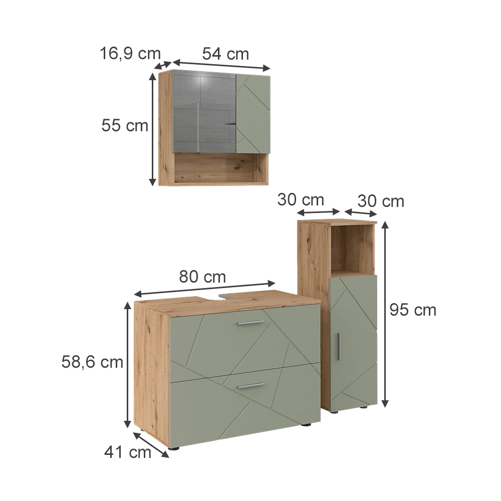 Kylpyhuonekalustesarja in Salvia vihreä on white background