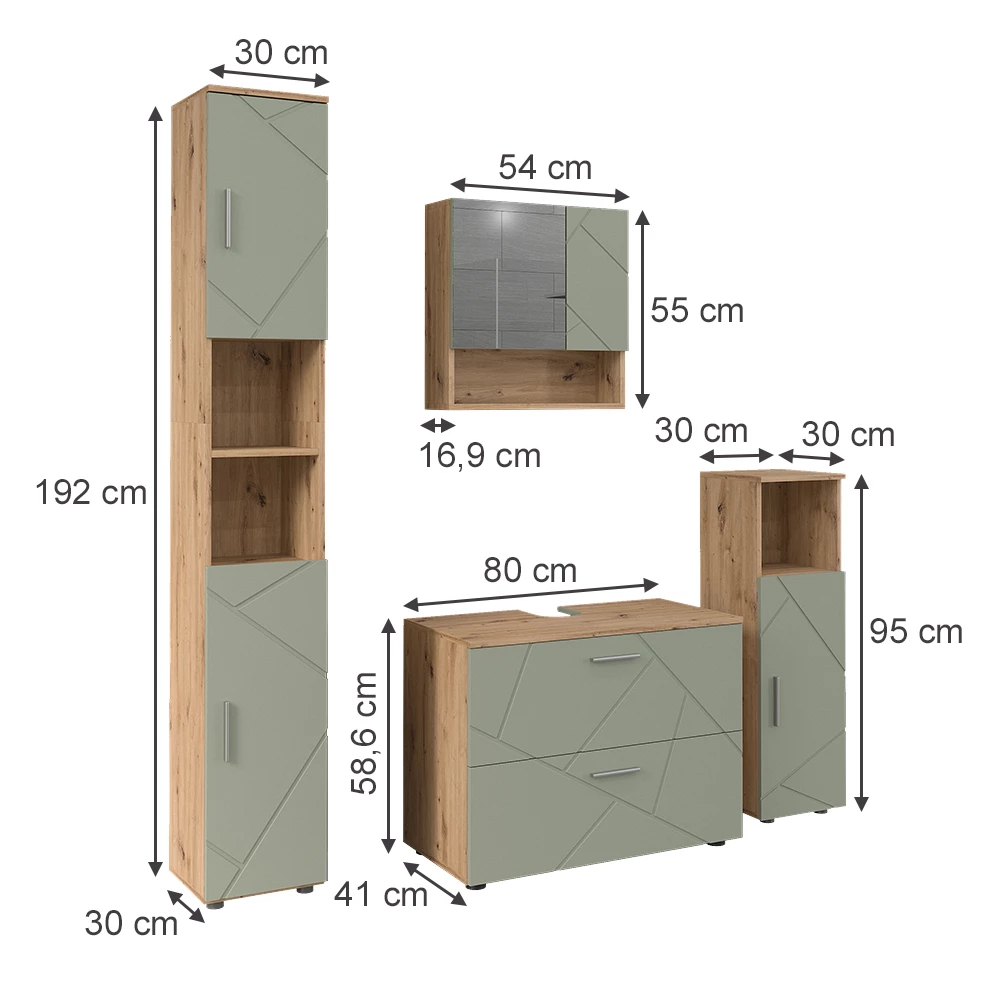 Kylpyhuonekalustesarja in Salvia vihreä on white background