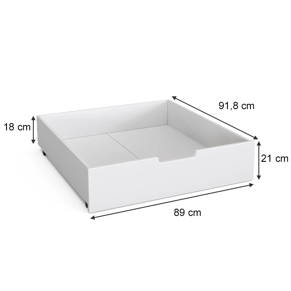 Rollschublade in Weiß auf weißem Hintergrund mit sichtbaren Maßen