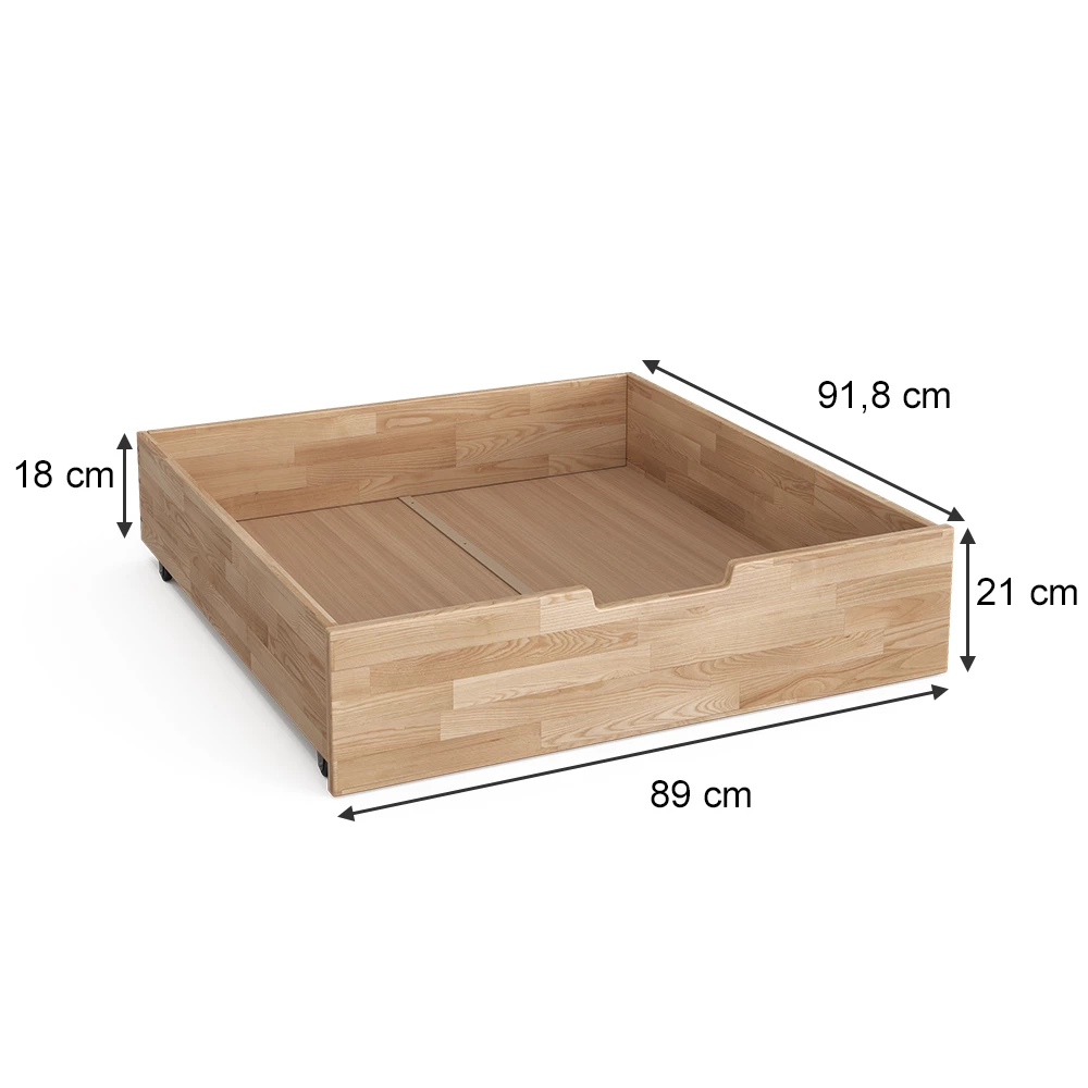 Rollschublade in Naturholz auf weißem Hintergrund mit sichtbaren Maßen