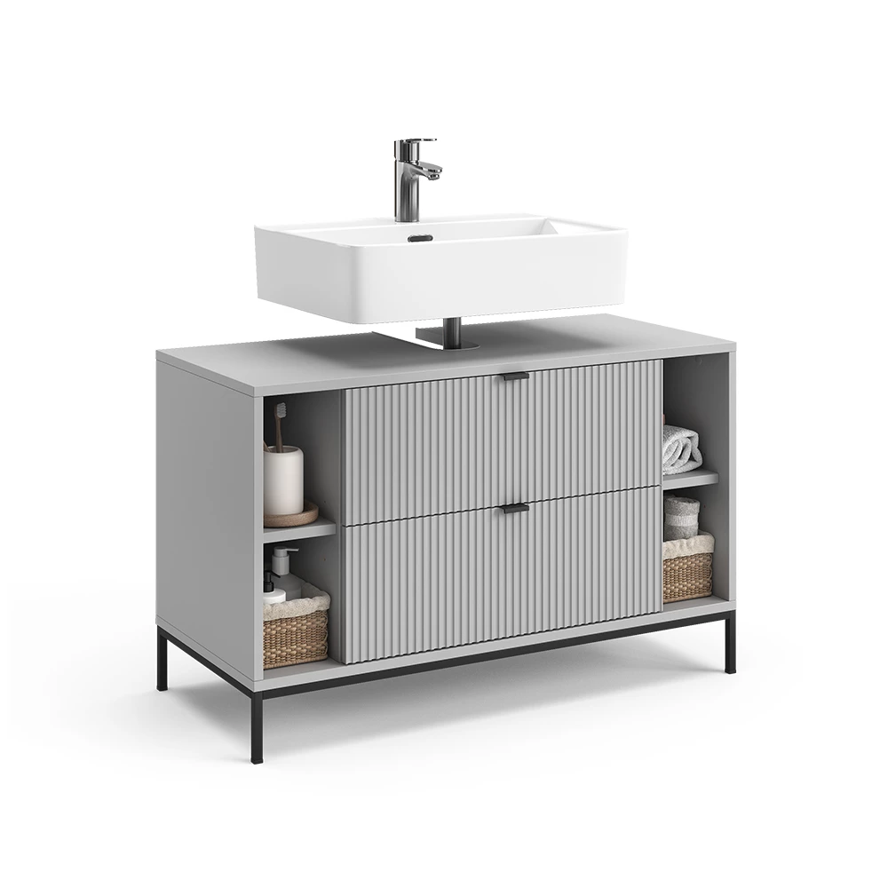 Wastafelonderkast in Grijs on white background with decorative elements