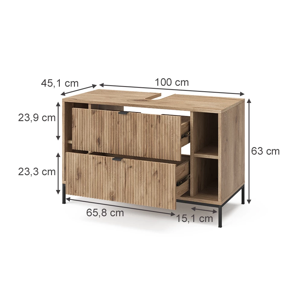 Waschbeckenunterschrank in Viking Oak auf weißem Hintergrund