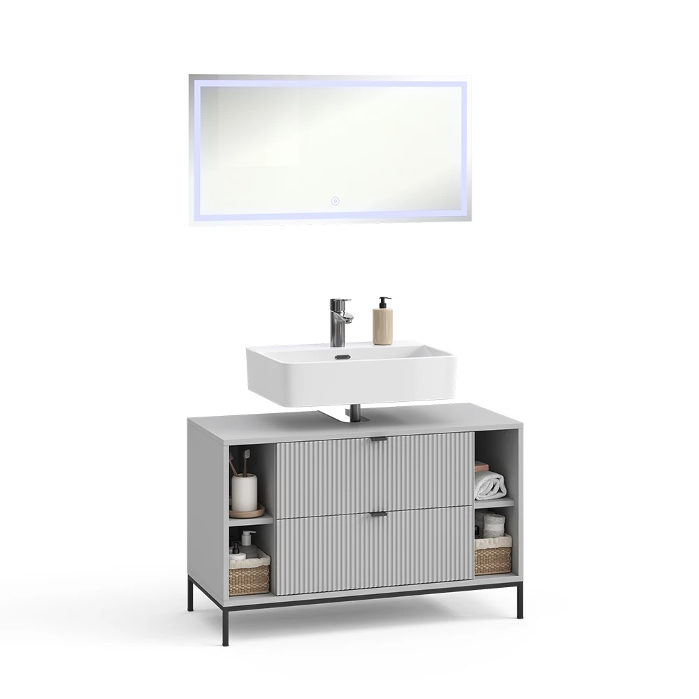 Badkamermeubelset in Grijs on white background with decorative elements